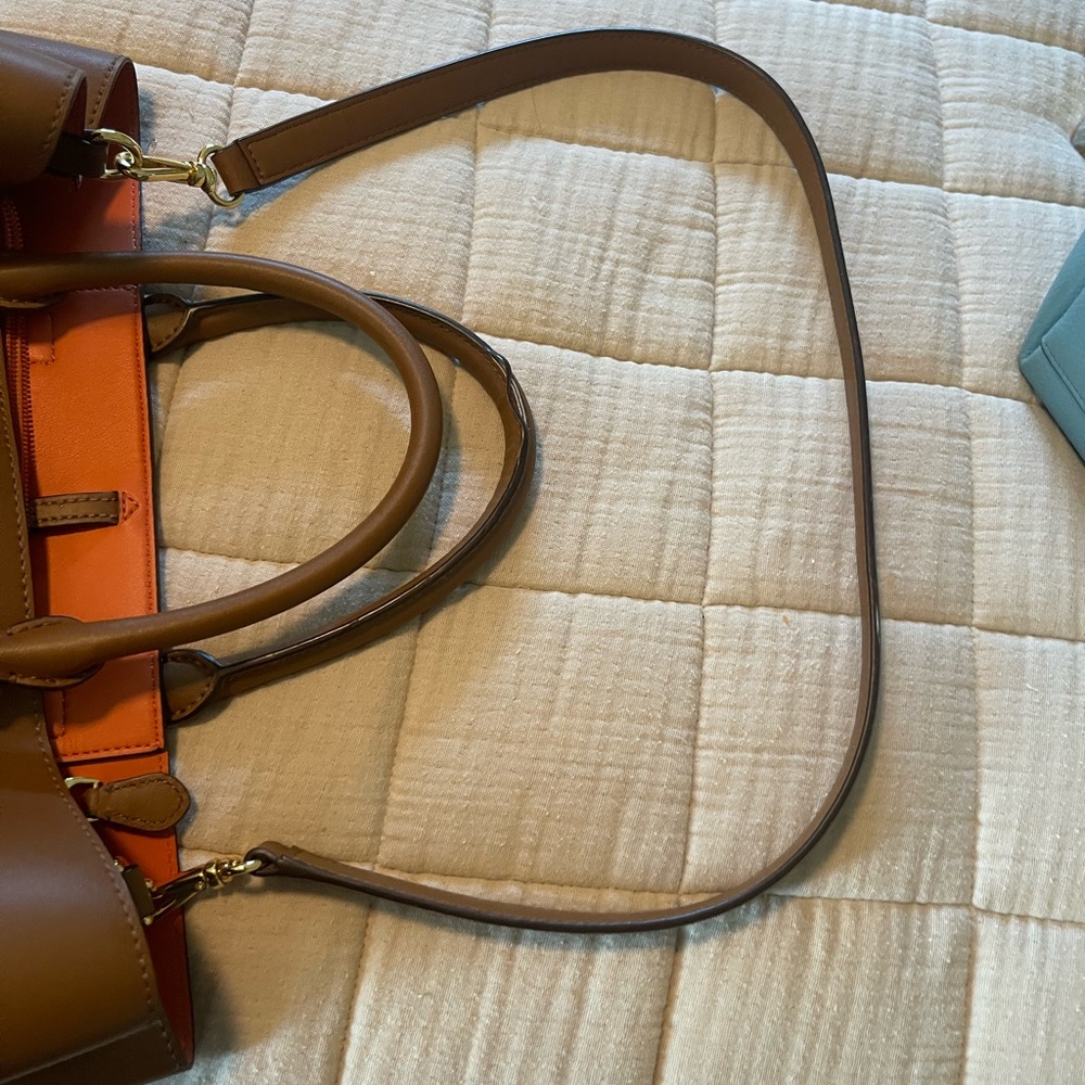 Lauren Ralph Lauren Brown Leather Satchel with orange Interior - Picture 6 of 10